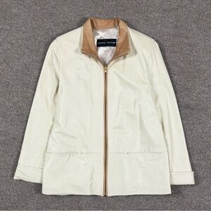 Vintage Beige Full Zip Leather Jacket Women’s Small Contrast Collar Lightweight